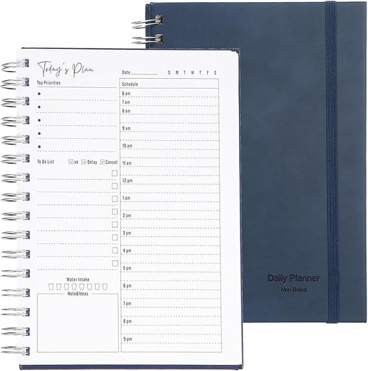PATIKIL Undated Daily Planner with Hourly Schedule, A5 5.5"x 8.5" To-Do List Hard Cover Spiral Notebook Appointments Planner with Inner Pocket to Organize Daily Tasks Agendas, Navy Blue