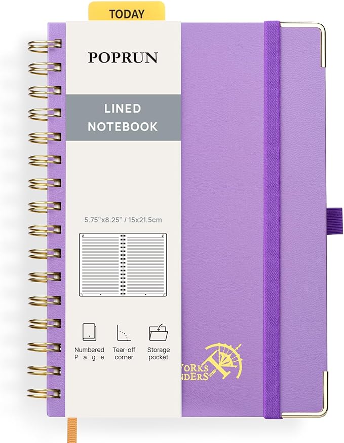 POPRUN Lined Spiral Journal Notebook, [A5-5.75'' x 8.25''] - 120 GSM Thick Paper, 141 Numbered Pages, College Ruled Notebook for Men & Women with Pocket, Index Tabs, 8 Perforated Sheets, Violet