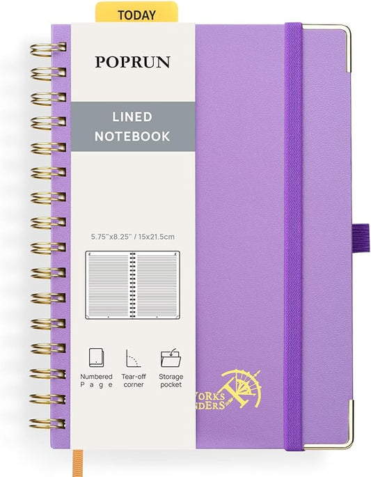 POPRUN Lined Spiral Journal Notebook, [A5-5.75'' x 8.25''] - 120 GSM Thick Paper, 141 Numbered Pages, College Ruled Notebook for Men & Women with Pocket, Index Tabs, 8 Perforated Sheets, Violet
