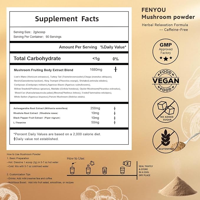 Mushroom Powder, 16-Mushroom Adaptogen Blend with L-Theanine for Coffee, Tea, Milk, Fruit Salad, Smoothies, or Recipes (180g/90 Servings)