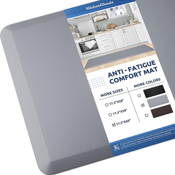 KitchenClouds Cushioned Anti Fatigue Kitchen Rug, 17.3"x60", Waterproof Non Slip, Standing Desk Mat, Comfort Floor Mat for Kitchen, House Sink, Office (Grey)