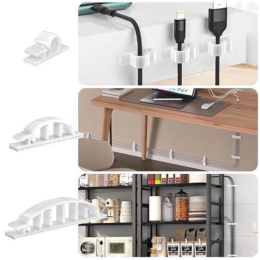 XHF 30pcs Adhesive Cable Wire Clips Kit White, Outdoor Cable Management Wire Organizer Cord Holder for Under Desk, Car, Wall, TV PC Ethernet Cable