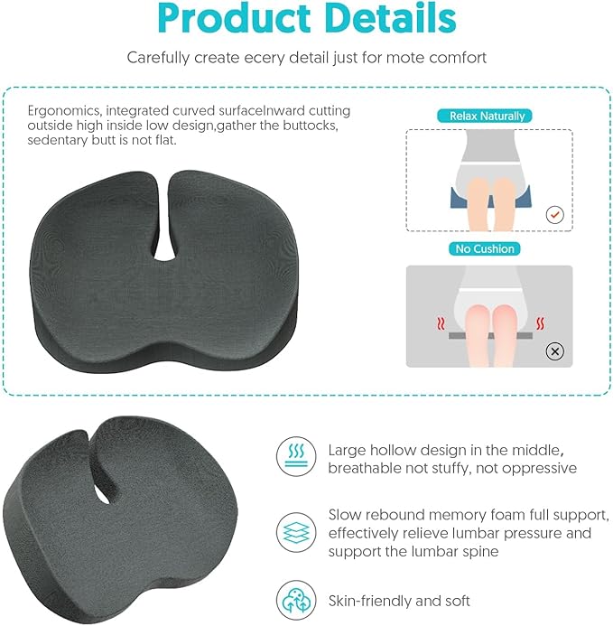 Seat Cushion for Office Chairs - Tailbone & Sciatica & Hip & Coccyx & Low Back Pain Relief Pillow - Memory Foam Pressure Relief Cushion for Long Sitting for Gaming, Compute, Desk Chair, Car Seat
