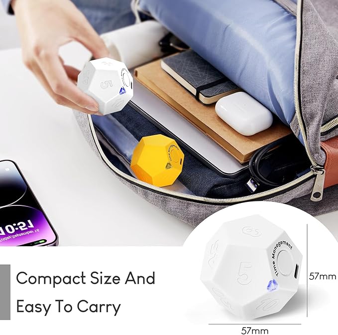 Mini 12 Sided Cube Timer, 11 Preset Times Pomodoro Timer for Enhanced Productivity. Ideal for ADHD Management, Workout, Study & Kitchen Cooking. Easy to Use（White）