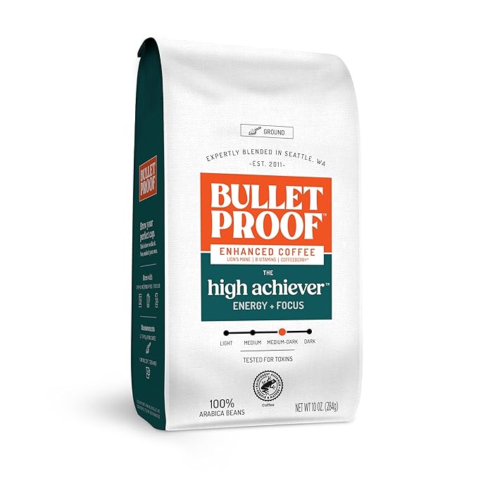 Bulletproof The High Achiever Ground Mushroom Coffee, 10oz, High Caffeine with Lion's Mane, B Vitamins and Adaptogens for Energy & Focus, Medium-Dark Roast