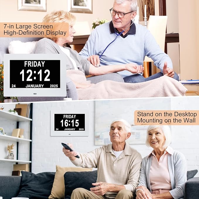 7 Inch Dementia Clock,Digital Calendar Clock with Day and Date of Week,Alzheimer Clocks for Elderly Memory Loss,5 Display Modes,12 Alarms,Auto-Dimming,12/24 hour Clock with 1.5M Adaptor,Auto DST