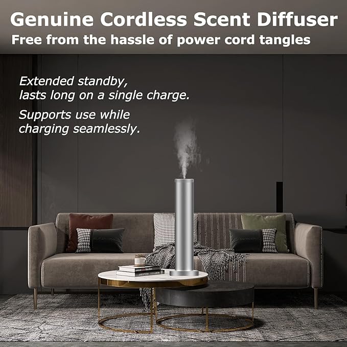 Hotel Scent Diffuser Machine -Cordless Rechargeable Diffuser for Whole House- Scent Air Machine for Home -App Bluetooth Control - Waterless Essential Oil Diffuser for Large Room, Studio Office -Silver