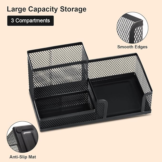 Comix Mesh Pen Pencil Holder Desk Organizer, 3 Compartment Wire Desktop Pen Pencil Cup Caddy Office Supplies Desk Accessories for Home Office School, Black