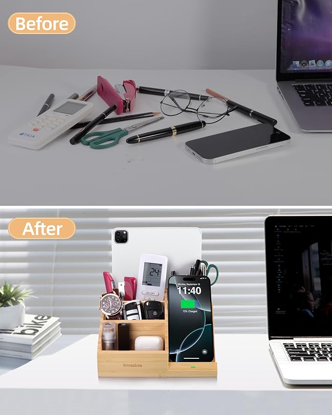 Bamboo Pen Holder with Wireless Charger, Desk Organizer with 5 Compartments for Home Office Supplies Compatible with iPhone & Samsung Series