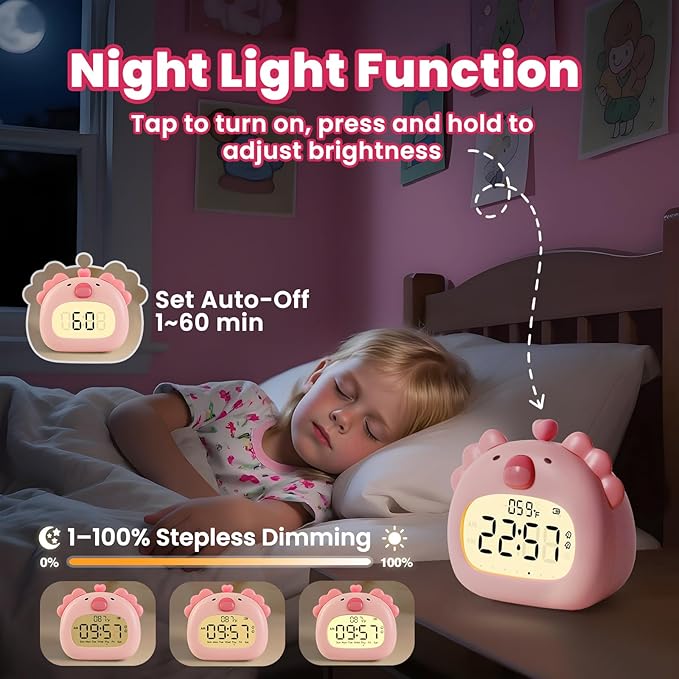 Axolotl Alarm Clock with Night Light for Kids – Cute Digital Sleep Trainer with LED Display, 3 Alarms, Countdown Timer, Adjustable Brightness – Rechargeable Bedside Clock for Boys and Girls