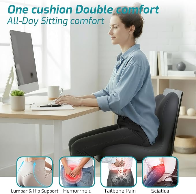 Memory Foam Seat Cushion,Office Chair Cushion with Lumbar Support for Back Pressure Relief, Car Seat Cushion with Adjustable Strap,Sciatica Pad Cushions for Car,Truck,(C-Dark Grey)