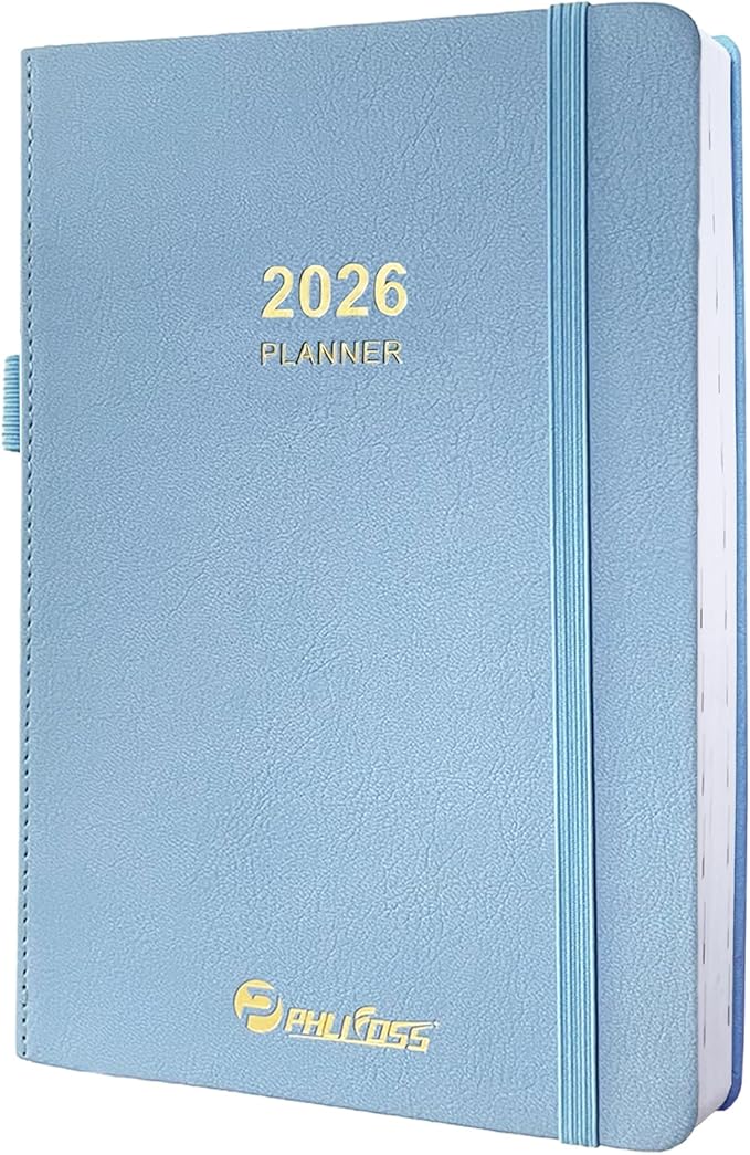 2026 Daily Planner/Calendar, One Page Per Day, Daily Monthly Agenda Planner with Time Slots and Monthly Tabs, Jan - Dec 2026, 5.7" x 8.25" Appointment Book, Pen Holder, Leather Cover (2026-Sky blue)