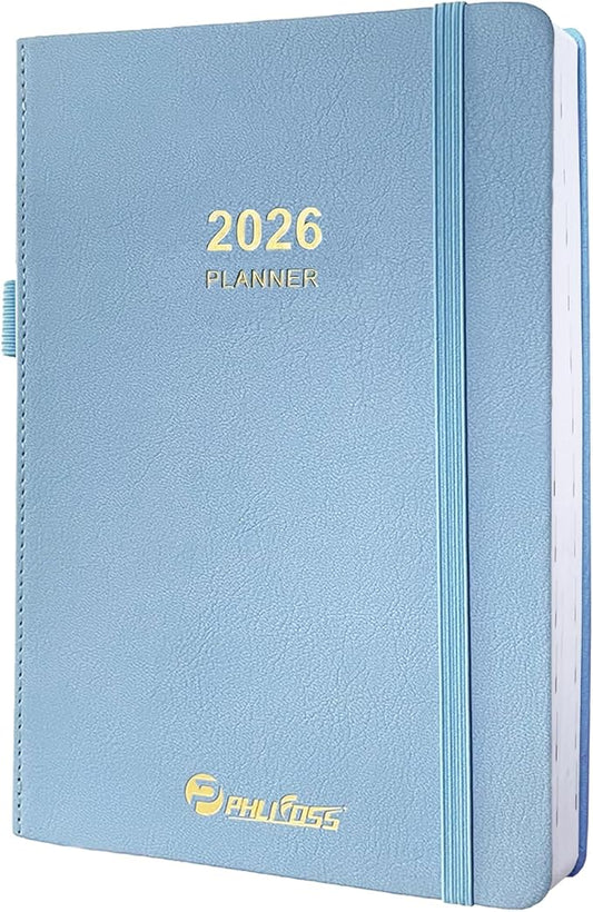 2026 Daily Planner/Calendar, One Page Per Day, Daily Monthly Agenda Planner with Time Slots and Monthly Tabs, Jan - Dec 2026, 5.7" x 8.25" Appointment Book, Pen Holder, Leather Cover (2026-Sky blue)