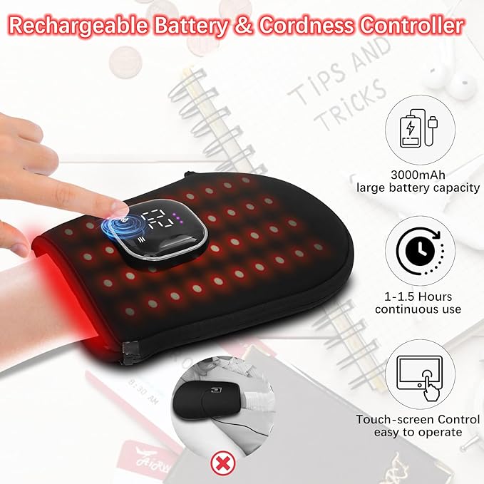 Red Light Therapy for Hand Pain Relief with 660nm & 850nm Infrared Light, 5 Modes, Timer, Cordless Rechargeable LED Near Infrared Light Therapy Gloves Device for Arm/Forearm/Finger/Wrist Joint