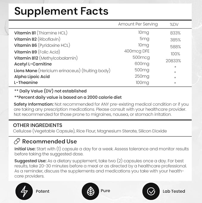 Elite Brain - Nootropic Supplement for Focus, Memory & Mental Clarity - ALCAR, Lions Mane, ALA, L-Theanine, Vitamin B Complex - Natural Energy, Caffeine-Free (60 Capsules)