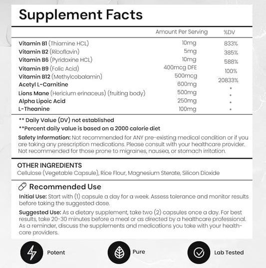 Elite Brain - Nootropic Supplement for Focus, Memory & Mental Clarity - ALCAR, Lions Mane, ALA, L-Theanine, Vitamin B Complex - Natural Energy, Caffeine-Free (60 Capsules)