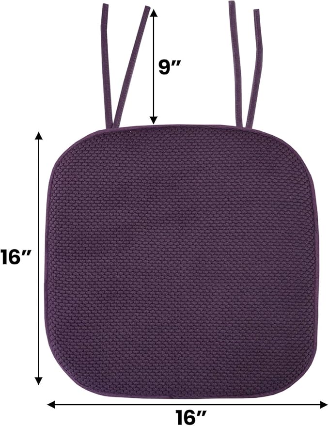 Sweet Home Collection Chair Cushion Memory Foam Pads with Ties Honeycomb Pattern Slip Non Skid Rubber Back Rounded Square 16" x 16" Seat Cover, 4 Pack, Eggplant Purple 4 Pack