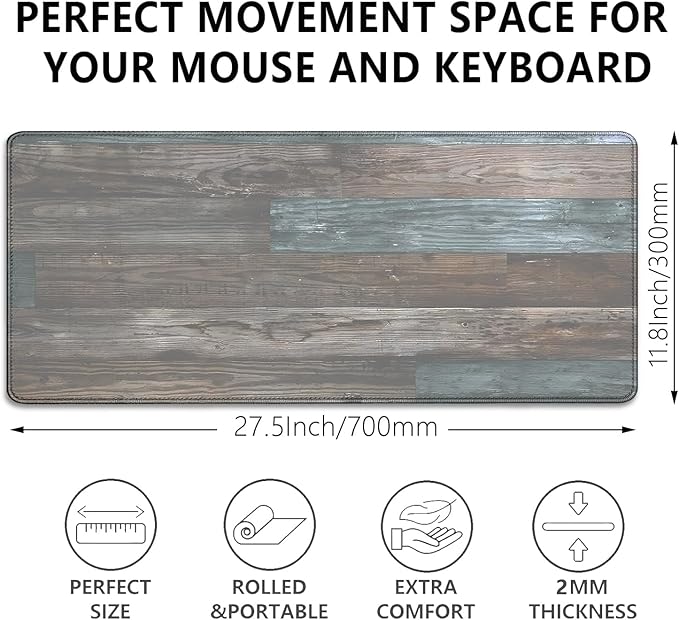 Vintage Wood Grain Pattern Desk Pad Mouse Pad,Large Gaming Mouse Mat with Stitched Edges,Non-Slip Rubber Base Mousepad for Office Computer Keyboard Laptop Home(27.5X11.8 in)