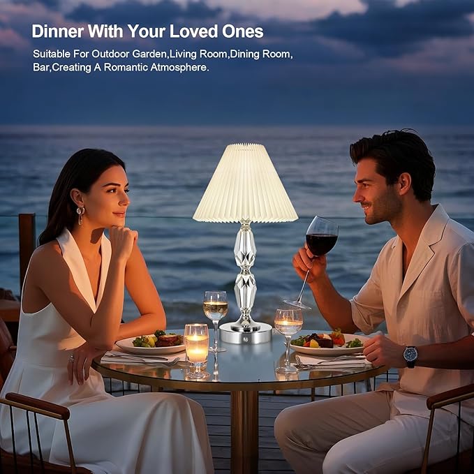 Rechargeable Table Lamp With Touch Dimmer,Acrylic Cordless Lamp with 4400mAh Battery Operated,3-Level Brightness,Pleated Linen Fabric Shade,Portable Cordless Table Lamp for Dinner,Patio(Bulb Included)