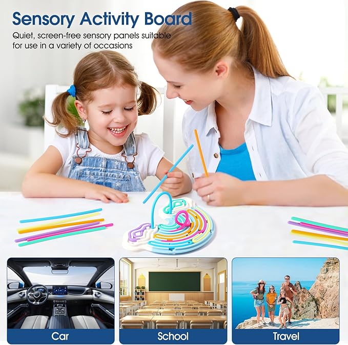 Fidget Toys Sensory Activity Board, Silicone Sensory Toys for Stress Anxiety Autistic ADHD Calming, Kids 3+ & Adults, Travel Bag & 12 Strings, Rainbow (Blue)