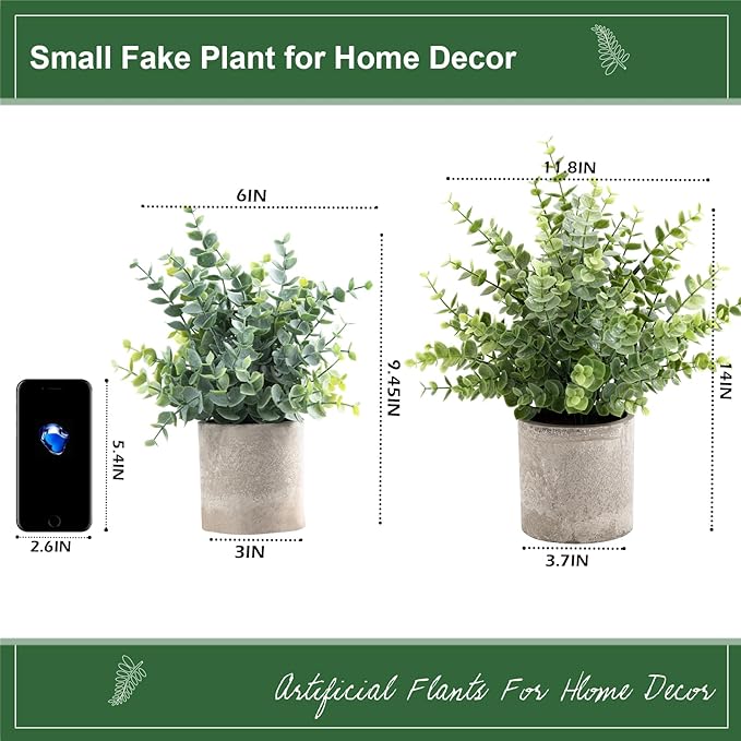 2 Pack Small Fake Plants 14" Eucalyptus Potted Artificial Plants for Shelf Desk Home Bathroom Farmhouse Room Coffee Table Decor (Sage Green-Large)