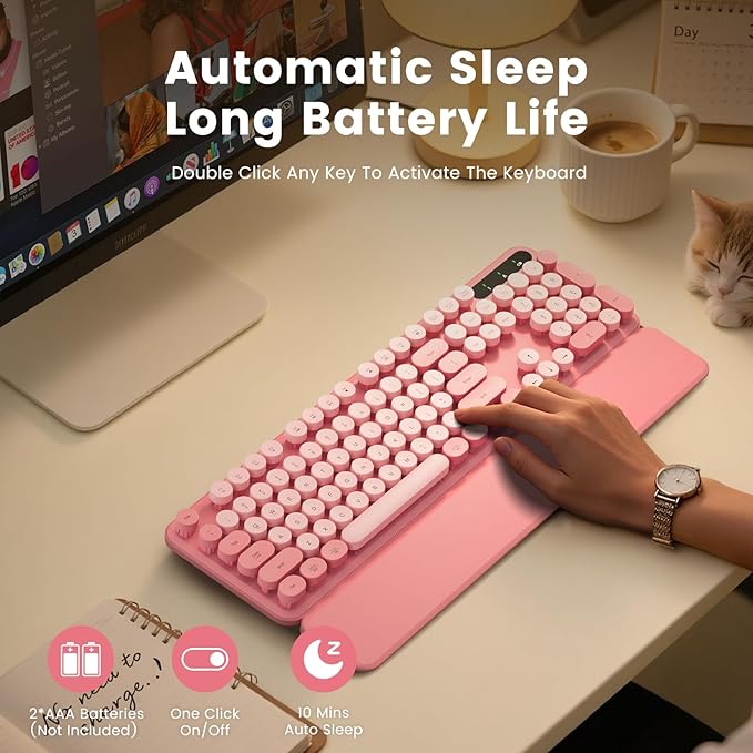 Wireless Keyboard, Round Keycaps, Retro Typewriter Keyboard with Detachable Wrist Rest, Sleep Mode, Foldable Legs, 2.4GHz Full-size Cordless Computer Keyboard for Windows/PC/Laptop (Baby Pink)