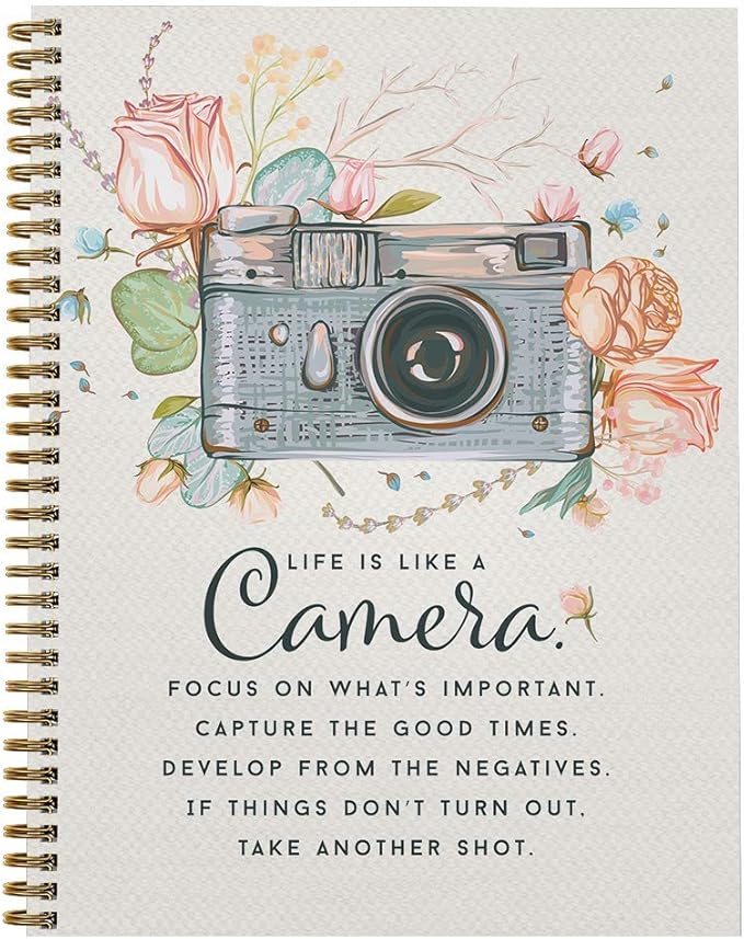Softcover Camera 8.5" x 11" Motivational Spiral Notebook/Journal, 120 College Ruled Pages, Durable Gloss Laminated Cover, Gold Wire-o Spiral. Made in the USA