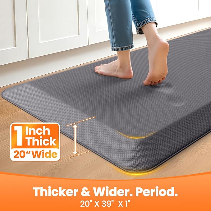 Kitchen Mats for Floor, 1 Inch Extra-Thick Kitchen Rugs, Non-Slip & Waterproof Standing Desk Mat, Comfort Anti Fatigue Mats for Kitchen Floor, Home, Sink, Office (20" X 39", Grey)