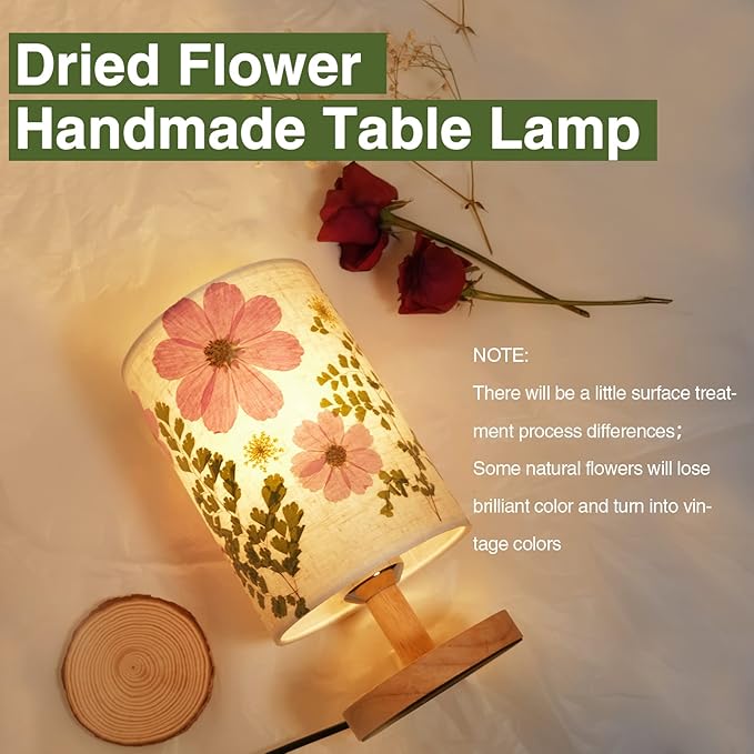Dried Flowers Table Lamp 5W LED 3-Color Pressed Flower Bedside Lamp Linen Shade with Wood Base for Bedroom Living Room Desk Office