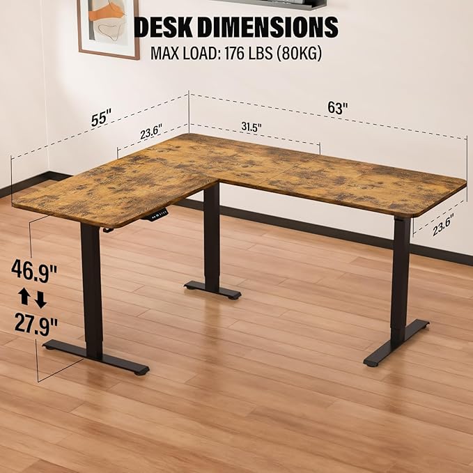 63 x 55 inch L Shaped Standing Desk, Corner Computer Desk, Electric Adjustable Height Stand Up Table, L Sit Stand Desk for Home Office Gaming, Rustic Brown