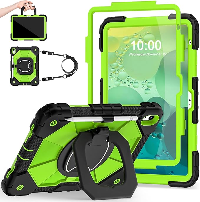 Case for iPad (A16) 11th Generation 11 Inch (2025) /iPad 10th Generation 10.9 Inch (2022) with Rotating Stand Screen Protector,Heavy Duty Shockproof Cover for i Pad 10th Gen Case,Black Green