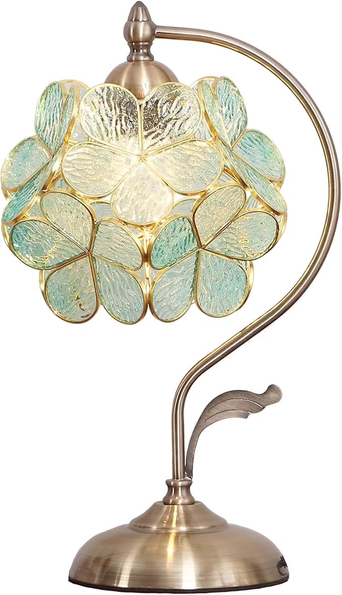 Bieye L10733 Tiffany Style Stained Glass Flower Petal Table Lamp with Brass Base for Home Décor (Light Blue, 8" Cherry Blossom)