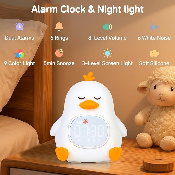 Alarm Clock for Kids with Night Light, Sleep Training Clock Time to Wake Clock, Rechargeable Silicone Light for Bedroom, Perfect Sleep Companion for Boys Girls, Sleepy Duck