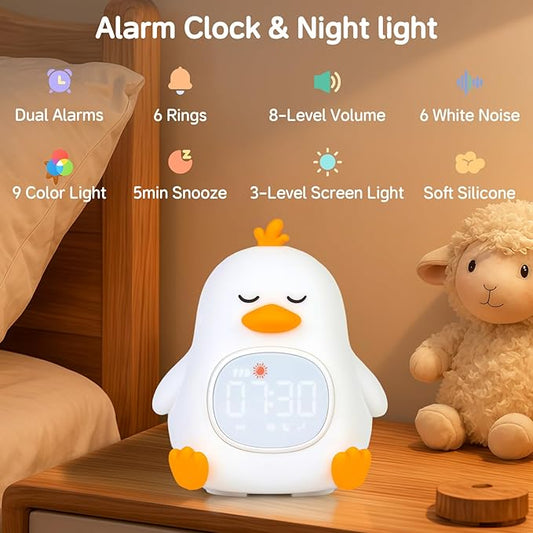Alarm Clock for Kids with Night Light, Sleep Training Clock Time to Wake Clock, Rechargeable Silicone Light for Bedroom, Perfect Sleep Companion for Boys Girls, Sleepy Duck