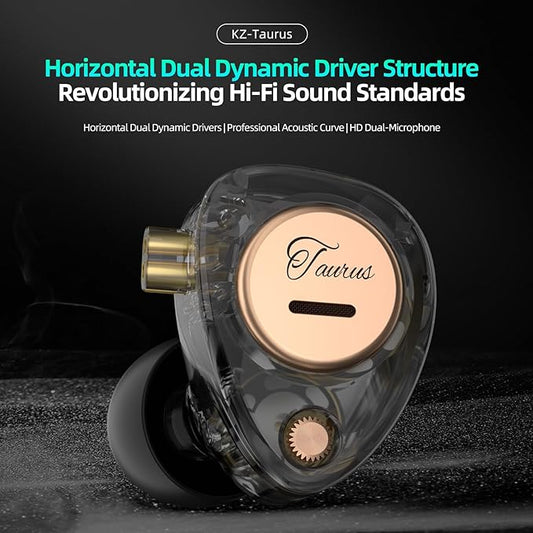 KZ Taurus in Ear Monitor IEM Earbuds, Dual 8mm Dynamic Drivers for Powerful Bass in Ear Headphones, Comfortable Fit iems for Gaming, 2-Pin Gold-Plated Wired Earbuds for Singers (Clear, with Mic)