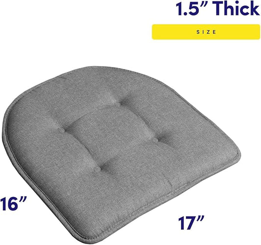 Sweet Home Collection Chair Cushion Memory Foam Pads Tufted Slip Non Skid Rubber Back U-Shaped 17" x 16" Seat Cover, 6 Pack, Grey