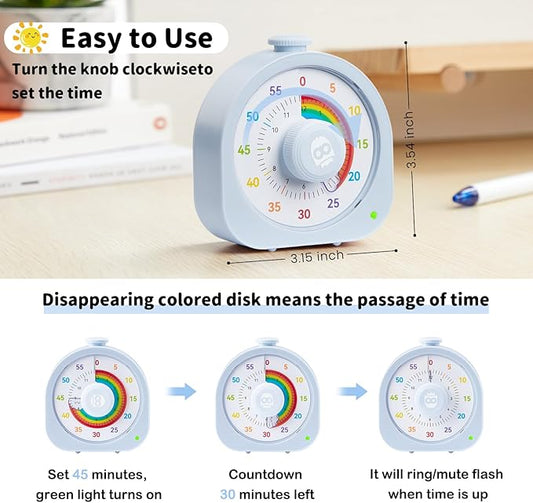 Visual Timer for Kids, Rechargeable Timer for Classroom Office Kitchen with 'Rainbow' Pattern Design, 60min/12h Silent Countdown Timers, Pomodoro Timers Management Tool for Toddler ADHD