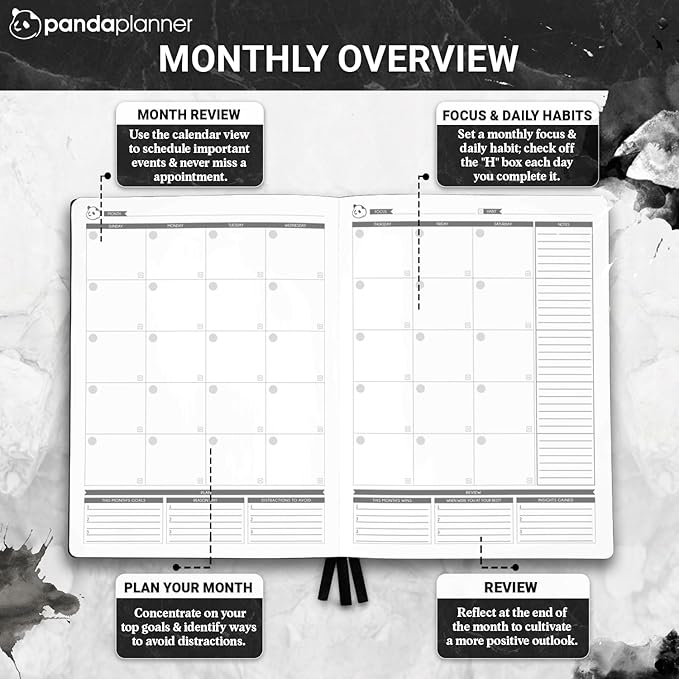 Panda Planner Pro 2025-2026 – 6 Month Large 8.5x11 Undated Academic & Productivity Planner – Weekly, Monthly & Daily Agenda, Calendar Organizer, Work Planner, and Personal Development Tool – Large, Black
