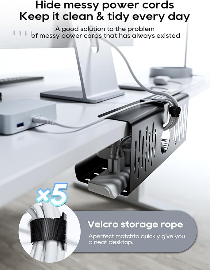 NODOCA No Drill Under Desk Cable Management Tray, 14'' Wire Management, Punch-Free Clamp on, Metal Cable Tray, Wire Organizer Under Desk, Under Desk Basket for Office and Home, Black(2 Packs)