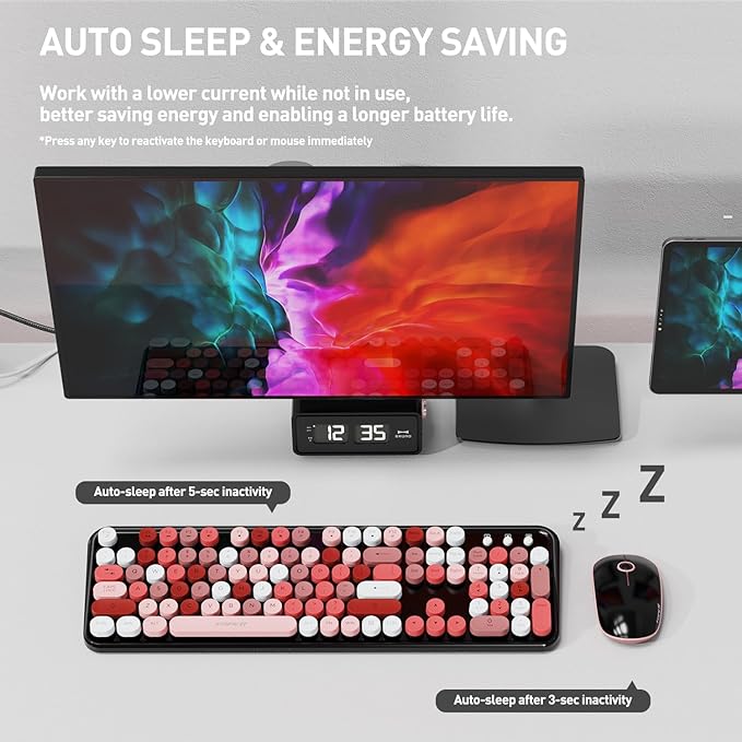 FOPETT 2.4GHz Wireless Keyboard and Mouse Set with Switch Button - Full-Size Keyboard - Compatible for Windows/Laptop/PC/Notebook/Smart TV and More - Black Colorful
