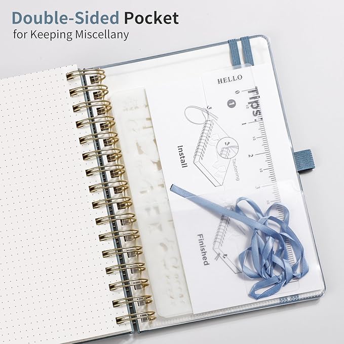 EMSHOI Bullet Dotted Journal Spiral Notebook - 300 Pages, A5 Hardcover Leather, 100 GSM Thick Dot Grid Notebook for Women Men Work Writing, Bullet Journaling, Drawing, 5.7" x 8.22", Gray Blue