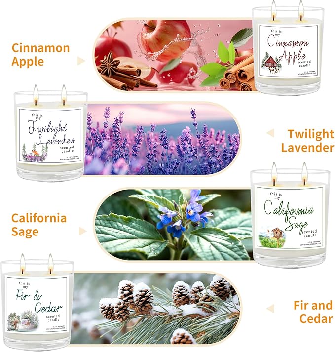 4 Pack Large Jar Candles with Double Wicks, Scented Candles for Home, 11.3oz Each, 240 Hour Burn Time, Aromatherapy Gift Set for Women, Cinnamon Apple, Lavender, Fir & Cedar, California Sage