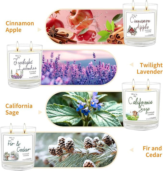 4 Pack Large Jar Candles with Double Wicks, Scented Candles for Home, 11.3oz Each, 240 Hour Burn Time, Aromatherapy Gift Set for Women, Cinnamon Apple, Lavender, Fir & Cedar, California Sage
