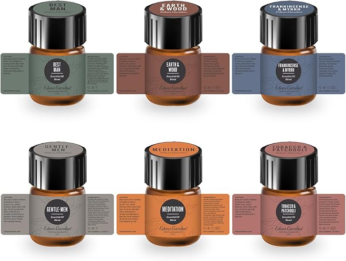 Edens Garden Men Essential Oils Discovery Sampler 6 Set – 100% Pure Therapeutic Grade Essential Oils For Men's Natural Cologne, Skin Care & Home Diffusers – Aromatherapy Wellness Gift, .92 ml / 6 Pack