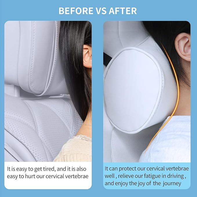 Car Headrest Pillow for Driving - Luxury Leather 100% Memory Foam, Ergonomic Neck Support - Universal Fit Head Rest Travel Pillow for Most Cars, Home & Office, White, 1 Pack