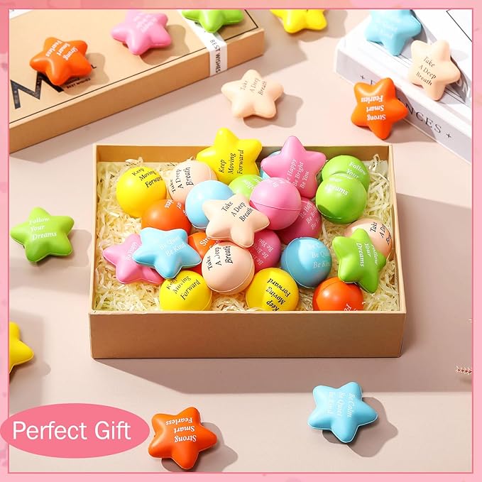 Aoriher 36 Pcs Motivational Stress Balls Quotes Inspirational Funny Colorful Foam Balls Hand Exercise Stress Relief Gifts for Office Small Anxiety Toys for Relief Motivating Supply (Star, Round)