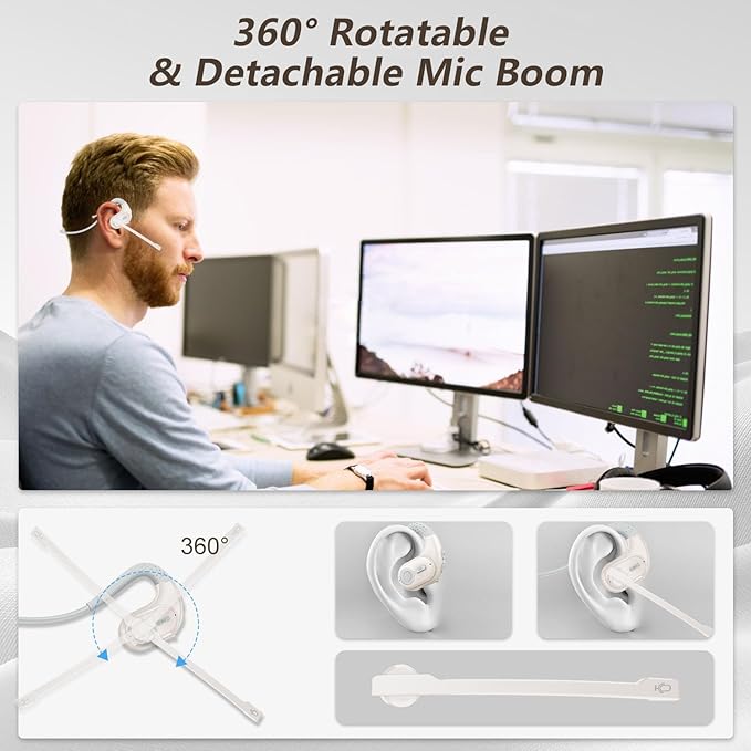 BANIGIPA Bluetooth Headset with Removable Microphone, Wireless Headset w/DSP Noise Cancelling for Phones Laptop Computer PC, Open Ear Headphones for Working Driving Running Cycling Driving -12 Hrs