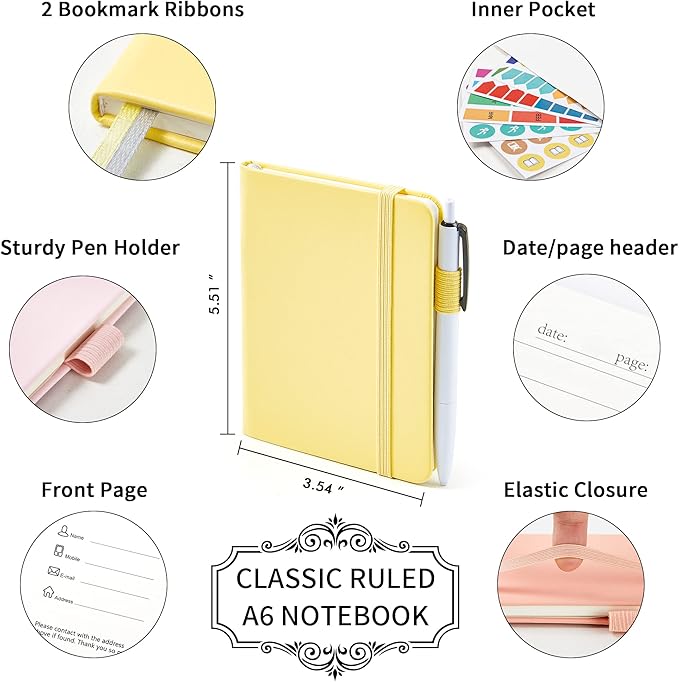feela 3 Pack Pocket Small Notebook Journals, Mini Cute Hardcover College Ruled Notepad Women Office Supplies, with 3 Black Pens, 3.5”x 5.5”, A6, Pastel Colors, Light Yellow, Light Pink, Pale Orange