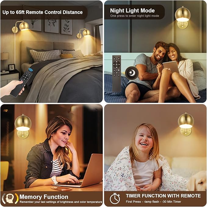 Wall Sconce with Remote Control, Plug in Wall Sconces Dimming 0-100% and Adjustable Color Temperature 2700K-6000K, Brushed Brass Globe Swing Arm Wall Lights with Plug in Cord(2 Pack, 2 Bulbs)