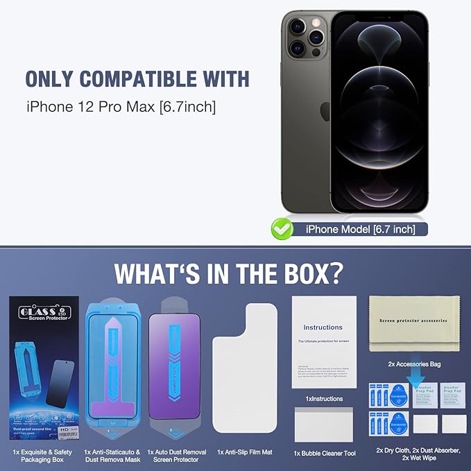 2-Pack Anti Blue Light Matte Screen Protector for iPhone 12 Pro Max, 9H Tempered Glass, Full Coverage, Anti-Fingerprint, Auto Dust-Elimination, No Bubble, Easy Installation